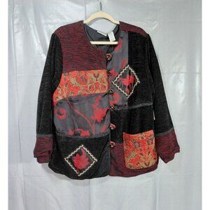 Vtg Fashion Bug Patchwork Chenile Jacket 14/16W Fall Leaf Pattern Patch Pocket